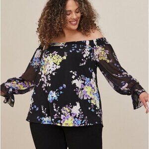 Torrid Studio Off-The-Shoulder Smocked Chiffon Sleeves Swing Floral Top 2x